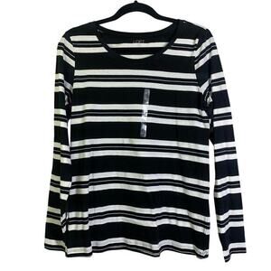 LOFT Tee T-Shirt Medium Scoop Neck‎ L/S Striped Soft Cotton Basic Staple NWT